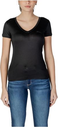 Guess Tops, Dames, Zwart, L, Stijlvolle V-hals Lyocell T-shirt