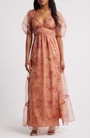 Lulus Daphne Floral Print Organza Gown in Rusty Rose Floral at Nordstrom Rack, Size Medium