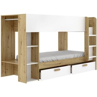 Dmora Composizione camera da letto Keli, Stanza da letto completa, Cameretta per bambini, Set per arredo a ponte, 245x110 h150 cm, Bianco e Rovere Nodi