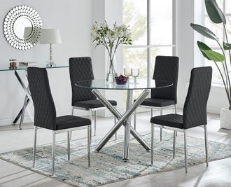 Furniturebox Selina Chrome Round Glass Dining Table & 4 Milan Dining Chairs in Black | Size: 4 Person