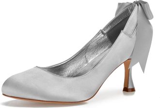 Generic Wedding Shoes Bridal Womens Low Closed Round Toe High Heels Classic Slip on Sexy Satin Stiletto Formal Dress Heel Shoes 7Cm,Silver,4 UK