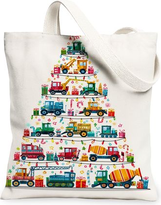 Generic Christmas Vehicles Canvas Tote Bags, Colorful Trucks Pattern Reusable Grocery Bags, Lightweight Washable Shoulder Strap for, White, 13x15 Inch