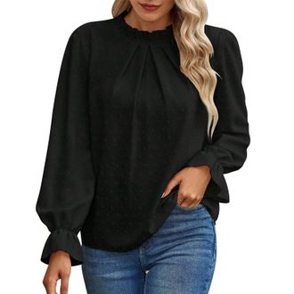 Generic 2024 Long Sleeve Shirts Casual Fit Formal Xmas Top Womens Blouses Casual Long Sleeve Mock Neck Print Shirts Frill Trim Work Tops Womens Shirt with Con