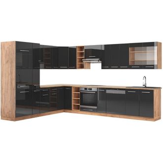 Vicco Cocina esquinera Fame-Line, Antracita brillo intenso/roble dorado eléctrico, 347 x 257 cm sin encimera