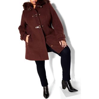 City Chic Wonderwall Coat with Faux Fur Collar in Chocolate at Nordstrom, Size Xxs