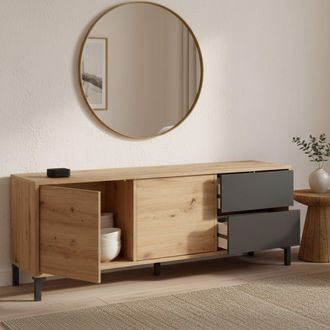 Dmora Aparador Arecibo, Aparador Moderno Con 2 Puertas, Bufet De Sal&oacute;n, Gabinete De Tv, Aparador Con Patas Para Sal&oacute;n, Cm 130x41h47, Roble Anudado Y Antraci
