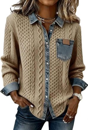 Generic Womens Retro Knitted Denim Shirt Autumn and Winter, Patchwork Jean Trim Long Sleeve Collared Button Placket Casual Top (Khaki,M)