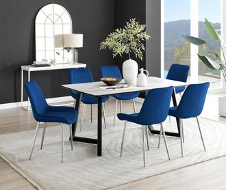Furniturebox Carson White Marble Effect Dining Table & 6 Pesaro Silver Chairs in Navy