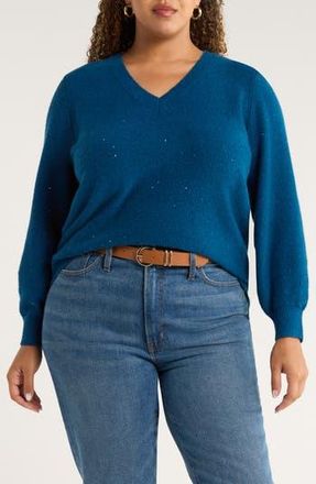 Caslon Sequin V-Neck Sweater in Blue Poseidon at Nordstrom Rack, Size 2X
