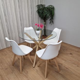 Kosy Koala Round Glass Dining Table Set With 4 White Plastic Chairs Dining Room Furniture in Brown