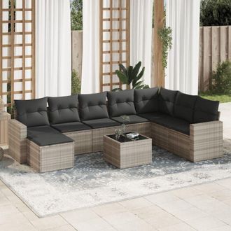 vidaXL Set Muebles Jard&iacute;n 9 Pzas Y Cojines Rat&aacute;n Sint&eacute;tico Gris Claro Vidaxl