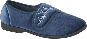 Jo & Joe Ladies Embroidered Velvet Comfort Slippers - Soft Indoor with Cushioned Foam and rubber sole and Touch Close Sizes 3-8 (Navy, 7, UK Footwear Size Syst