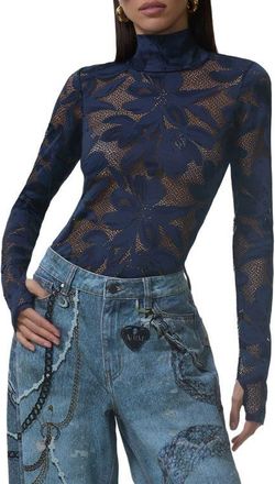 AFRM Zadie Turtleneck Sheer Lace Top in Black Iris at Nordstrom, Size X-Small