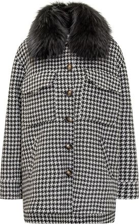 Ava Adore Houndstooth Jas van Wolmix met Bontkraag - Dames - Mantel - Zwart - M - Wol - Jassen
