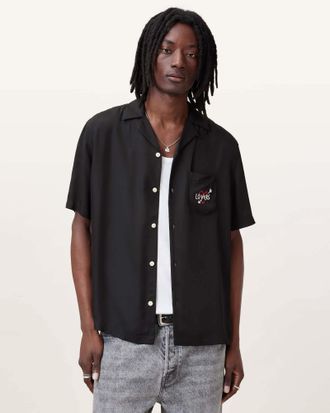 AllSaints Mens Viscose Lovers Embroidered Relaxed Fit Shirt, Size: XXL