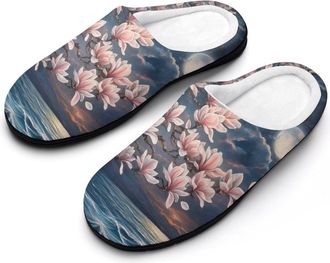 Generic Magnolia Flower Full Moon Over Sea Mens Slippers Comfortable And Non-slip Cotton Slipper Shoe for House