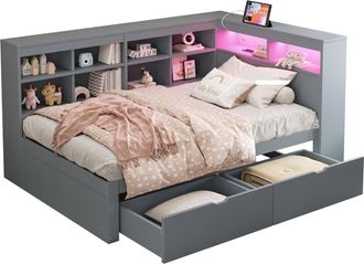 STILVORA Cama Div&aacute;n 90 X 200 Cm De Madera Con 2 Cajones, Estantes, Puerto Usb Y Led, Sin Colch&oacute;n, Gris