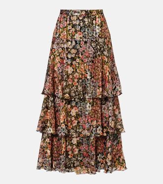 Valentino Floral plisse tiered silk maxi skirt