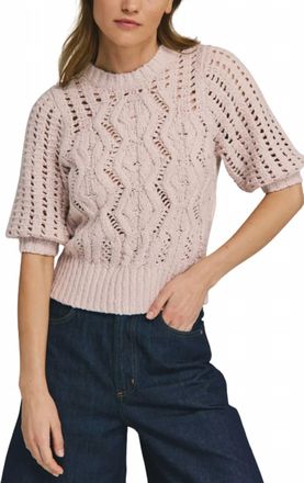 Autumn Cashmere Elbow Mesh Sleeve Cable Crew Top In Ballet Slipper