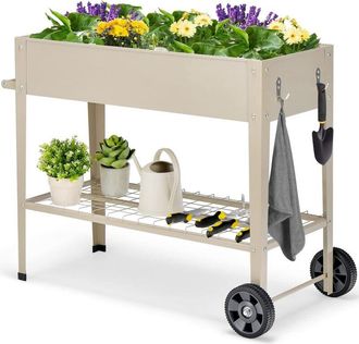 Costway Costway - Fioriera Rialzata da Esterno, Fioriera in Metallo con Ripiano Ruote Ganci e Impugnatura, Aiuola Rialzata da Giardino, Balcone e Terrazza