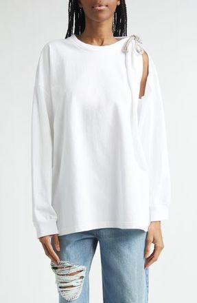 Area Crystal Knot Long Sleeve T-Shirt in White at Nordstrom, Size X-Large