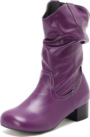 Generic Womens Retro Ruched Mid-Calf Boots with Round Toe Low Block Heels PU Leather Comfortable Anti-Slip Wear-Resistant for Daily Street Casual Party,Purple