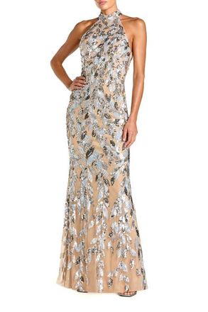 Mac Duggal Sequin Halter Column Gown with Open Back in Silver Nude at Nordstrom, Size 8