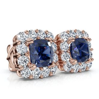 Pompeii3 1 1/2Ct Blue Sapphire & Diamond Cushion Halo Studs 14k Gold Earrings Lab Grown