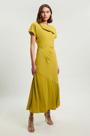 Karen Millen Womens Petite Print Twill Angel Sleeve Woven Maxi Dress - Yellow Viscose - Size 10 UK