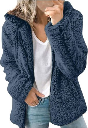Generic ADMAY Womens Fuzzy Fleece Hooded Open Front Jacket Cardigan Coat Thick Plush Hoodie Fluffy Outcoat Zip Up Sweater Outwear Soild Color with Pockets Hoo