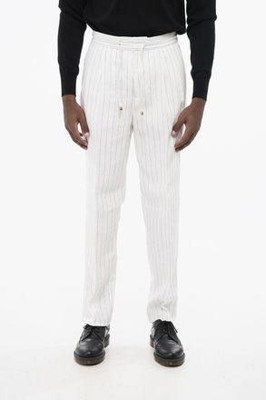 Brunello Cucinelli Pantaloni a 2 Pince in Lino Gessato con Coulisse Brunello Cucinelli
