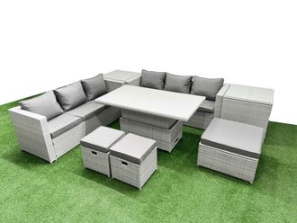 Fimous 8 PCs Rising Dining Table Set Rattan Furniture Set with 3 Seater Sofa in Light Grey