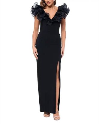 Aqua Scuba Crepe Ruffled Slit Gown In Black