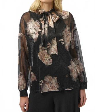 Joseph Ribkoff Plisse Knit Foiled Floral Top In Black Multi