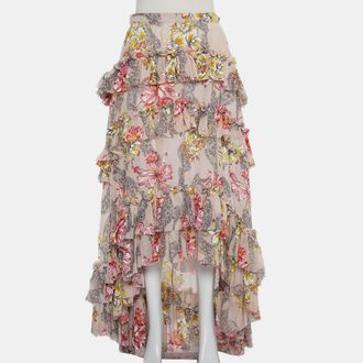 Alberta Ferretti Beige Floral Printed Cotton & Silk Ruffled Asymmetric Hem Midi Skirt