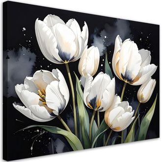 Feeby Cuadro En Lienzo Tulipanes Blancos Sobre Fondo Negro 100x70