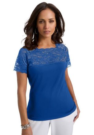 Jessica London Stretch Lace Neckline Top in Dark Sapphire at Nordstrom, Size Medium