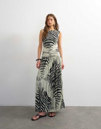 Topshop Vestito lungo in rete monocromatico con stampa zebrata e vita scesa-Bianco