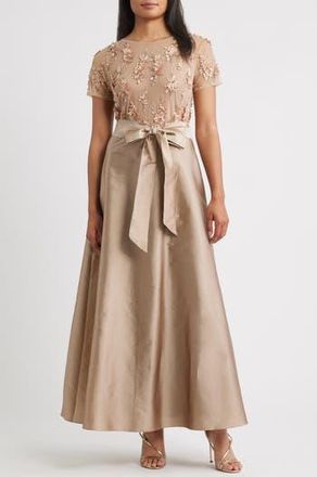 Pisarro Nights 3D Floral Bodice Beaded Gown in Mocha at Nordstrom Rack, Size 16