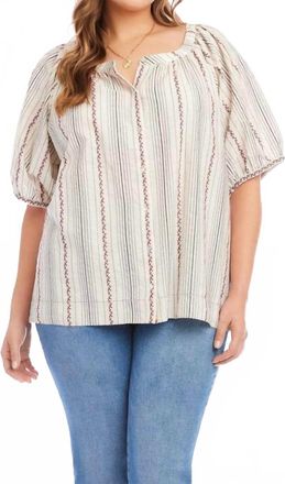 Karen Kane Stripe Puff Sleeve Embroidered Peasant Top - Plus In Natural