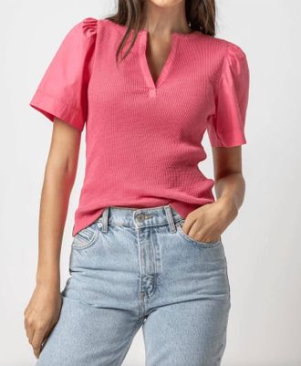 Lilla P Woven Sleeve Split Neck Top In Rosebud