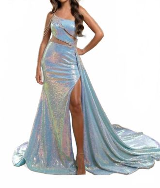 Rachel Allan One-Shoulder Iridescent Shimmer Sequin Prom Gown In Powder Blue Iridescent