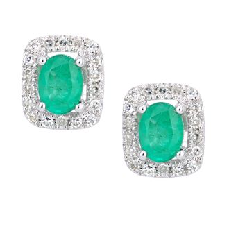 Diamant L'&eacute;ternel Womens 9ct White Gold Emerald and Diamond Oval Gemstone Stud Earrings - One Size