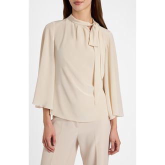 Santorelli Lena Tie Neck Blouse in Silk Crepe De Chine in Latte at Nordstrom, Size 4