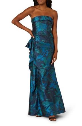 Adrianna Papell Strapless Draped Floral Jacquard Gown in Cobalt Multi at Nordstrom Rack, Size 10