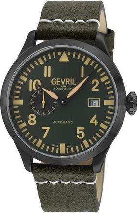 Gevril Group Vaughn Leather Strap Automatic Watch, 44mm in Green at Nordstrom Rack