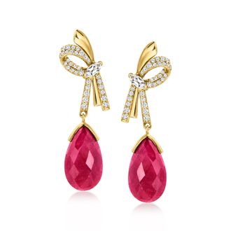 Ross-Simons Ruby Bow Drop Earrings With White Topaz in 18kt Gold Over Sterling