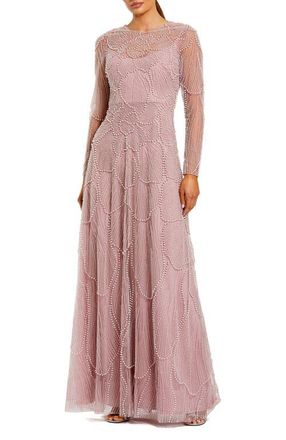 Mac Duggal Beaded Mesh High Neck Long Sleeve A Line Gown in Mocha at Nordstrom, Size 20