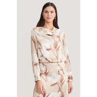 Misook Draped Neck Floral Print Silk Blouse in Biscotti/charmeuse at Nordstrom, Size Xx-Large