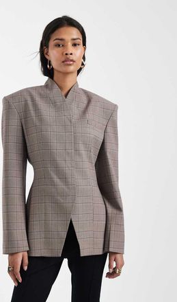 Asos Blazer accollato avvolgente grigio a quadri-Multicolore